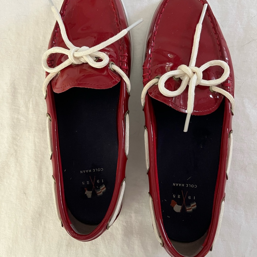 Cole Haan Women's Red patent leather Loafers with White Accents